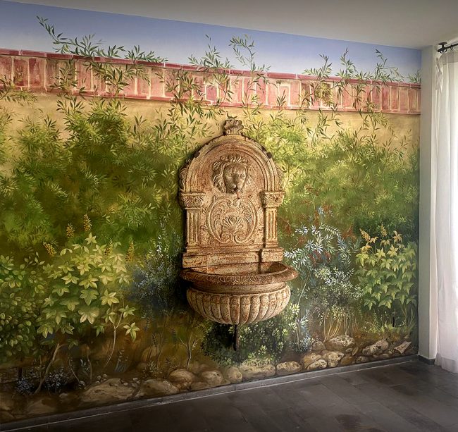 maurizio magretti pittore trompe l oeil giardino cespuglio fontana piante decorazione interni abitazione dipinto